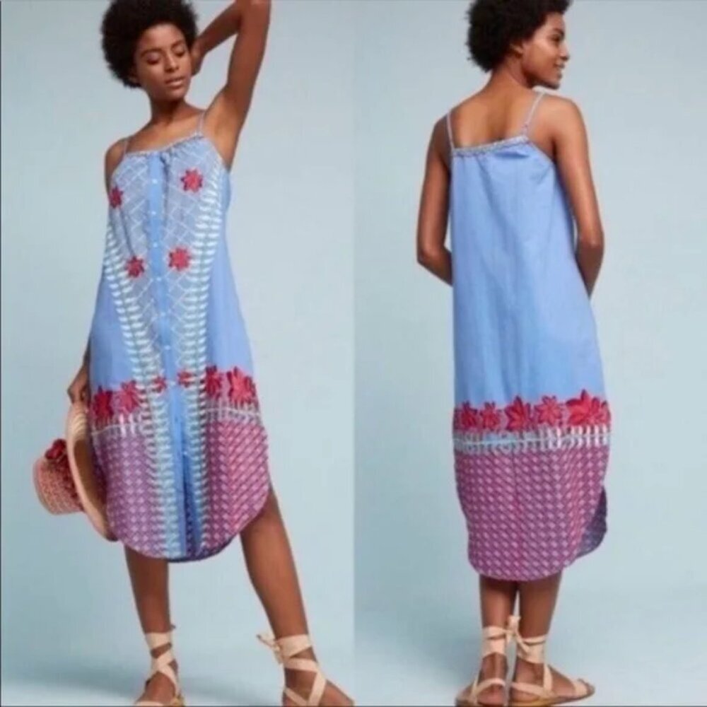 Anthropologie Blue Midi Dress with Pink Floral Embroidery